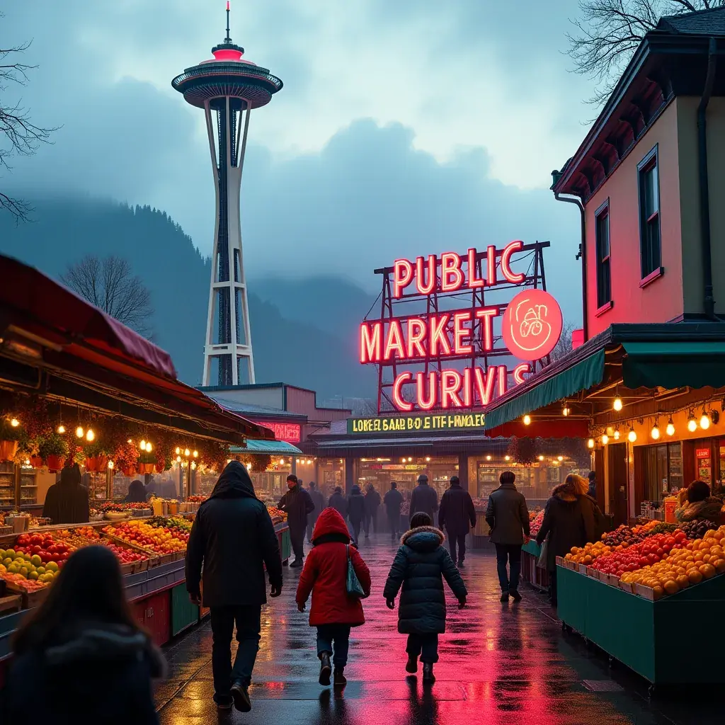 Widok na Seattle z górami w tle podczas zachodu słońca